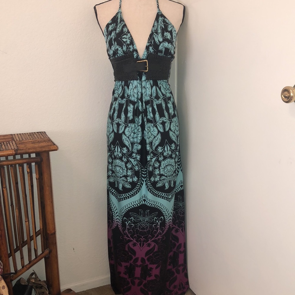 NWT SKY BRAND Silk Halter Maxi Dress w: Leather Belt